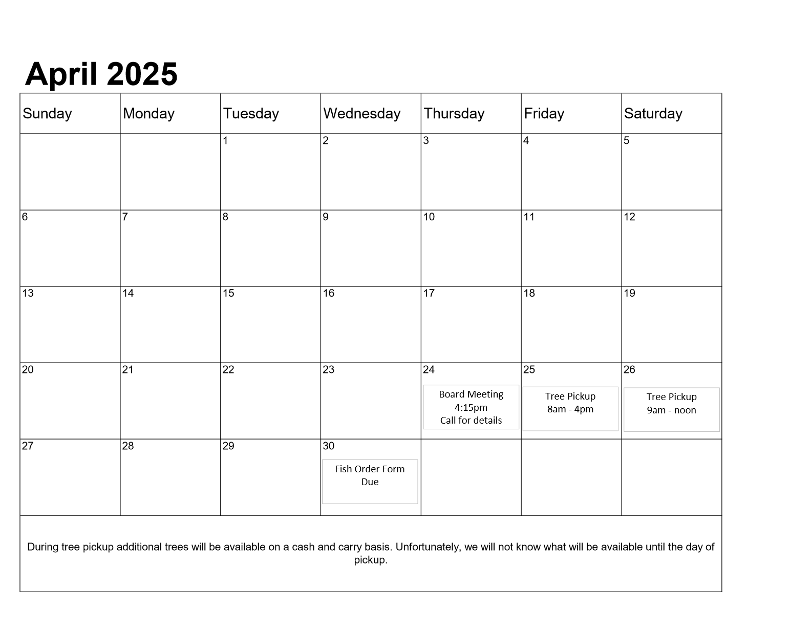 Calendar of events