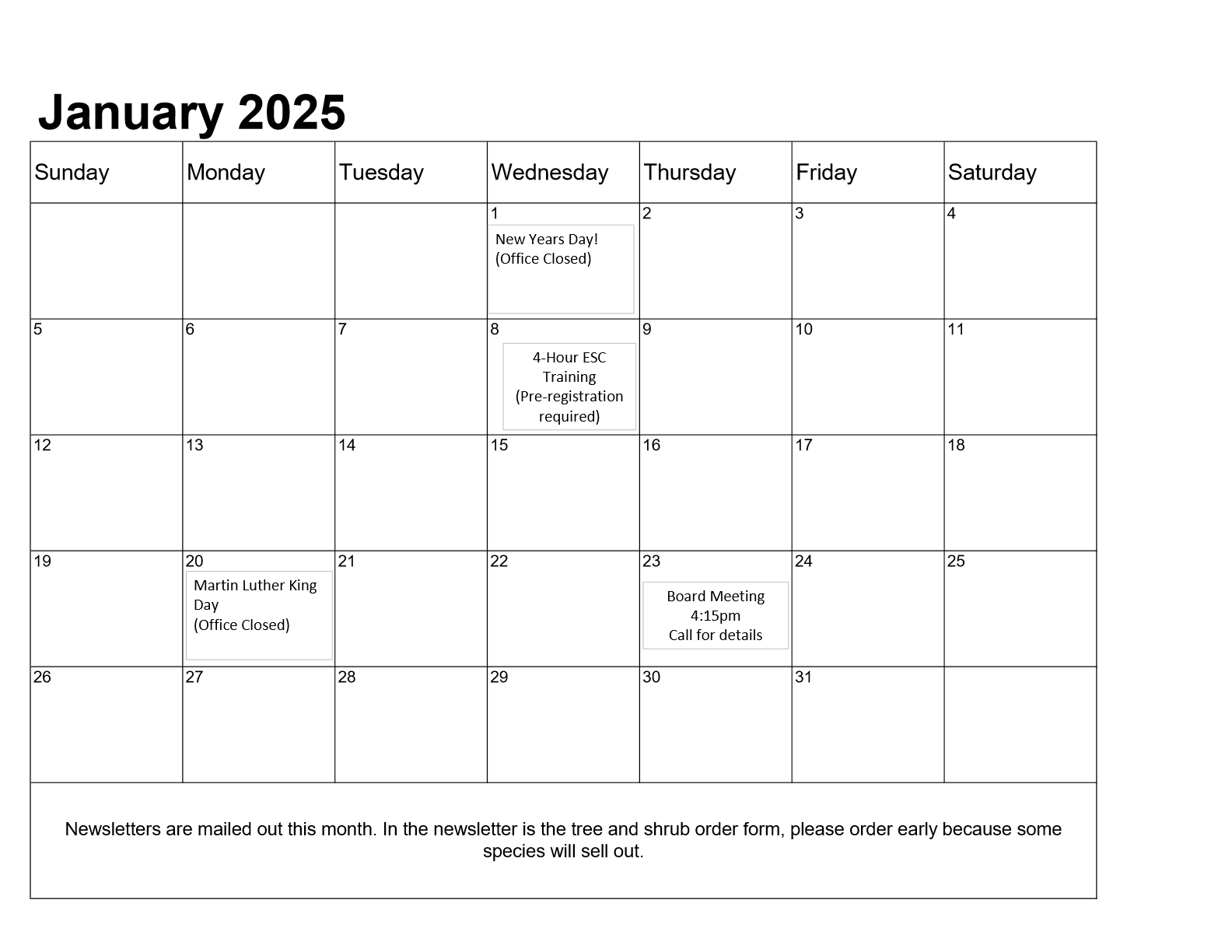 January Calendar of events