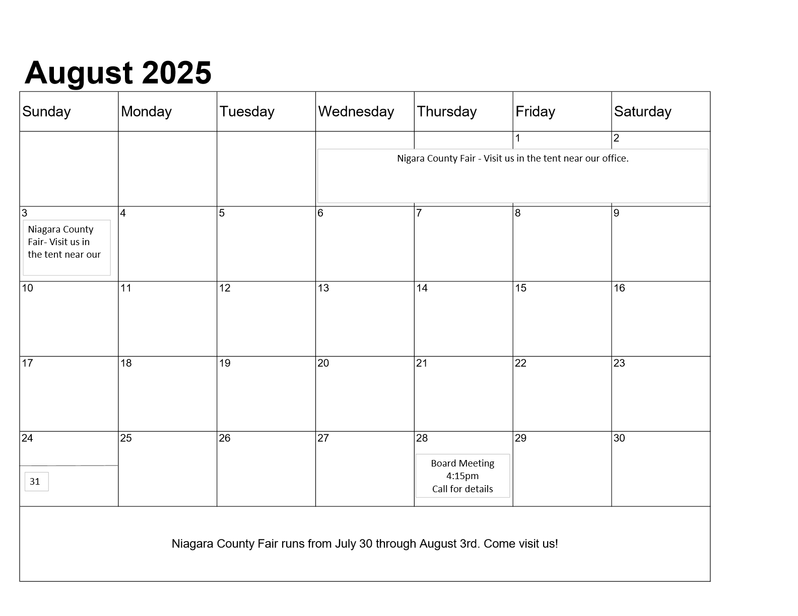 Calendar showing month of August