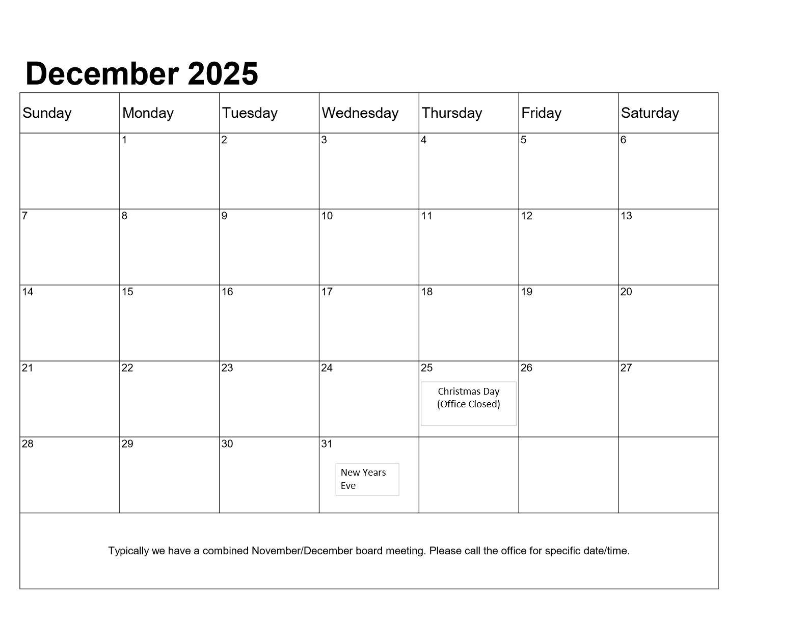 Calendar showing month of December