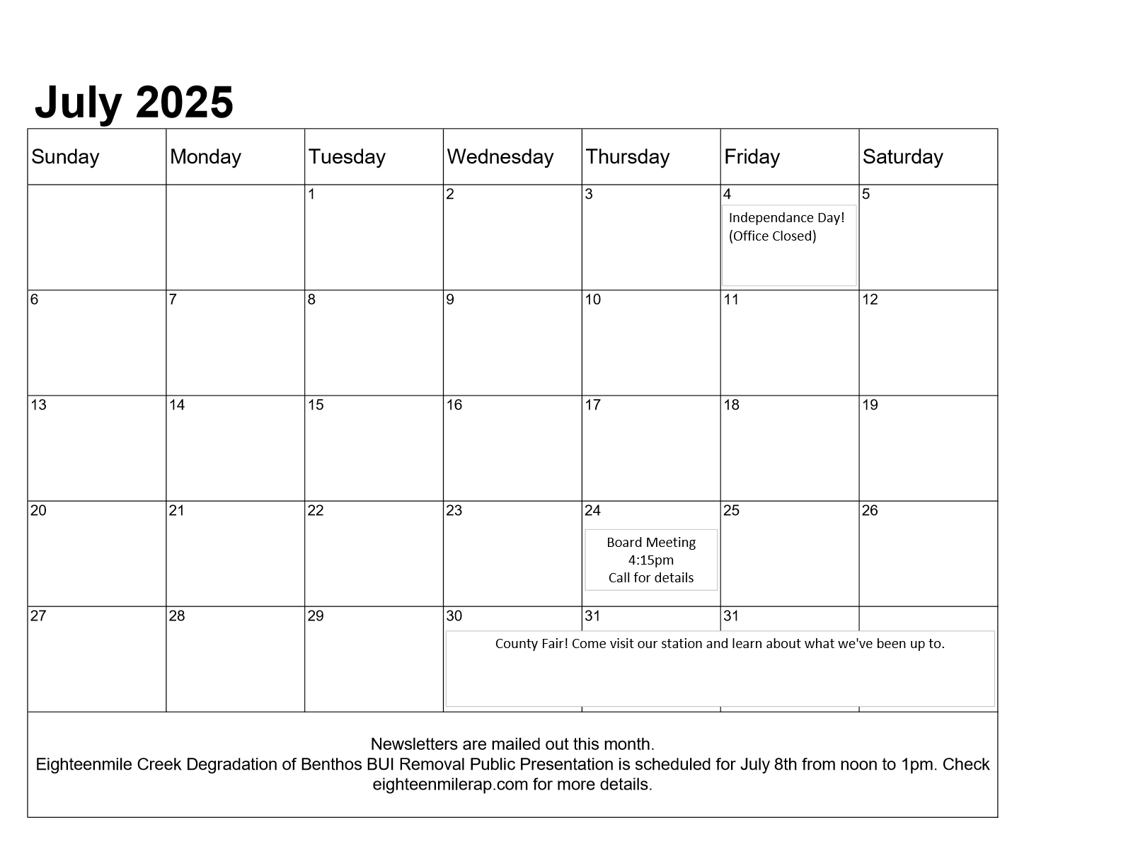 Calendar showing month of July