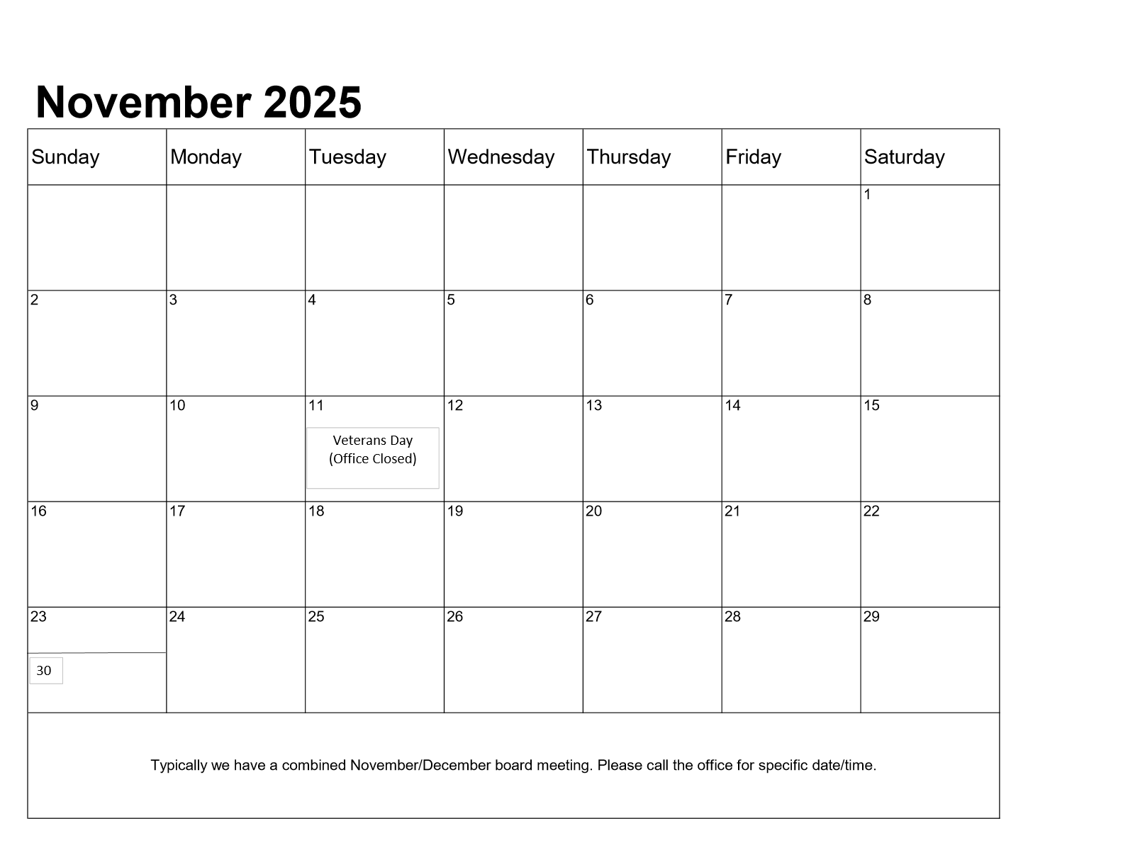 Calendar showing month of November