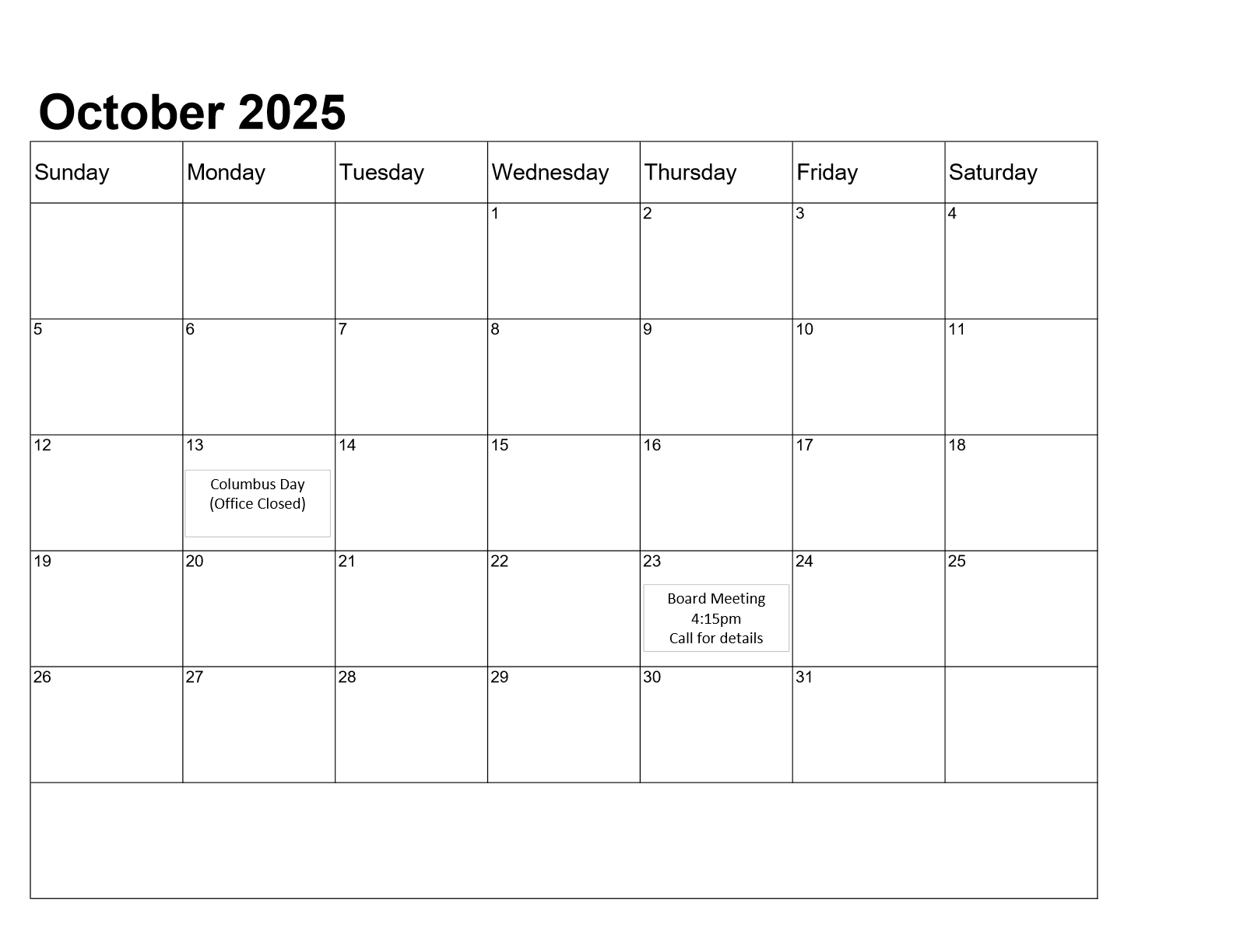 Calendar showing month of October